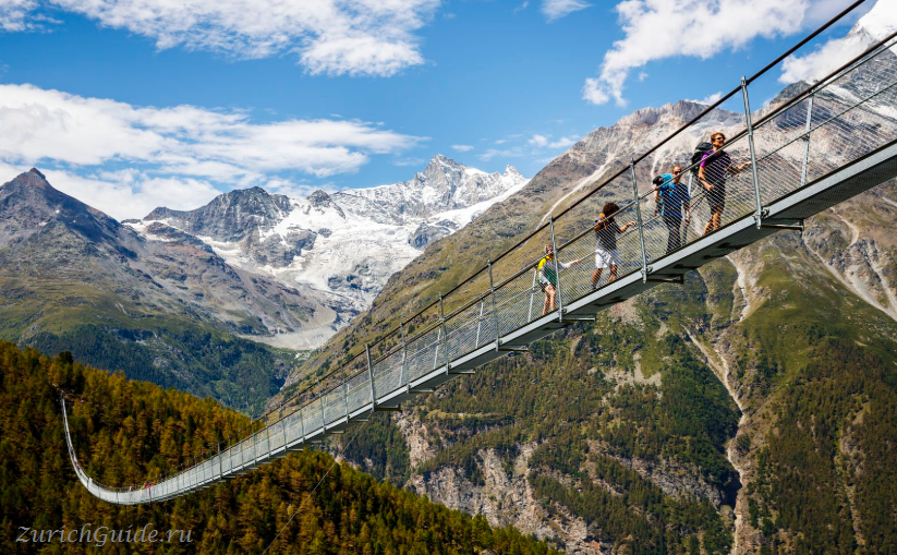 Церматт (Zermatt) Charles Kuonen Suspension Bridge, longest pedestrian suspension bridge Zermatt