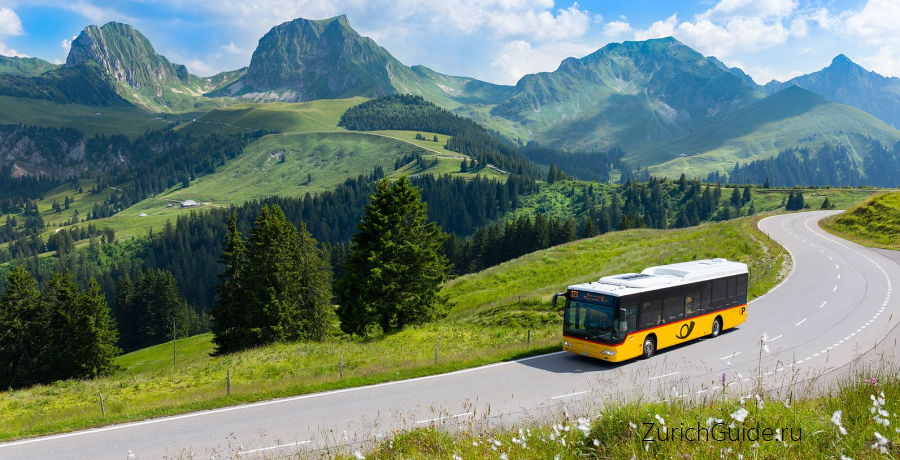Почтовые автобусы по Швейцарии - автобусные маршруты через перевалы в Швейцарии - туристические маршруты по Швейцарии на автобусе